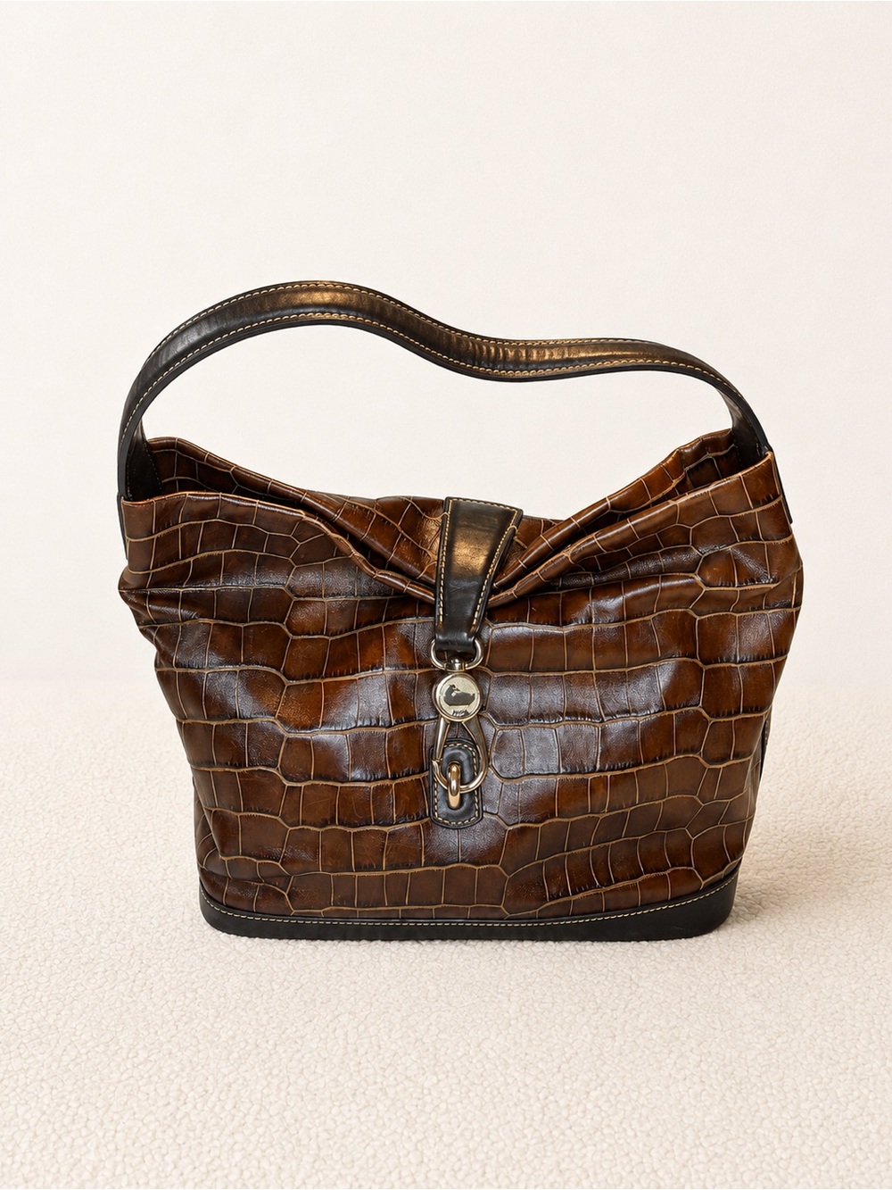 Dooney & Bourke Belvedere Logo Lock Croc Leather Hobo Bag Brown